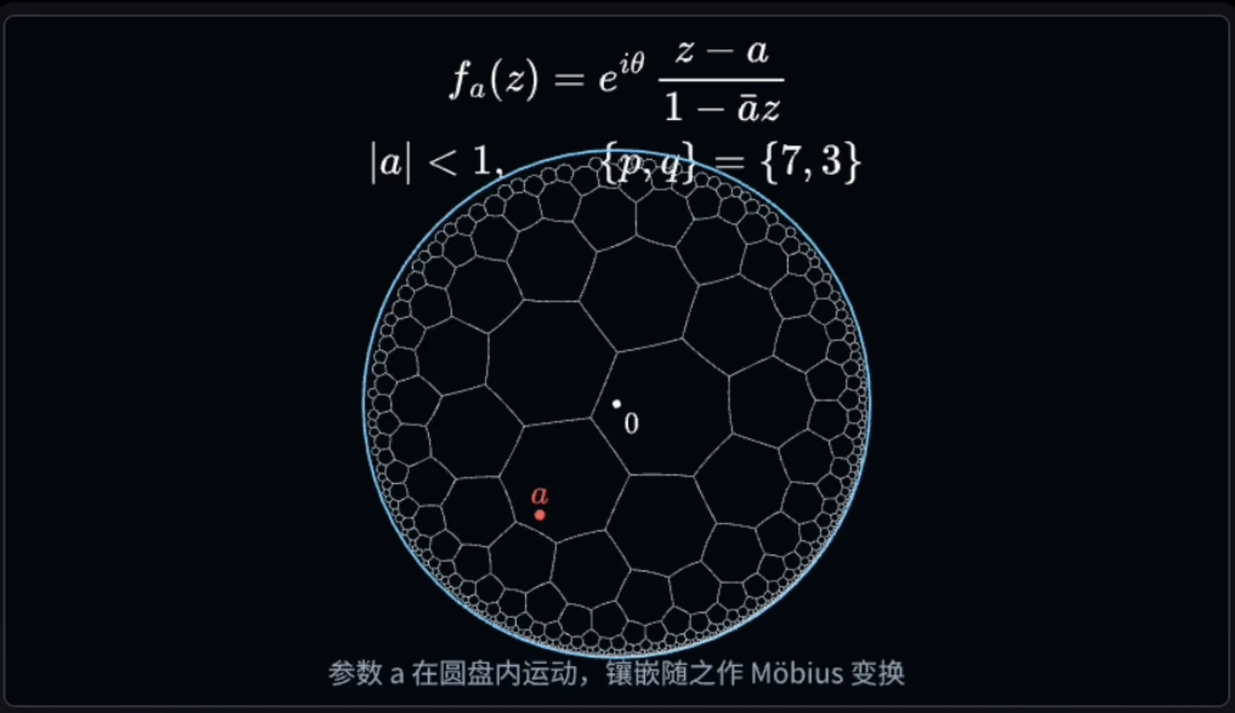 预览区放大后的第 99 帧：点 a 移到左下方，镶嵌跟着变形；圆盘上沿压住了第二行公式里的 {p,q}