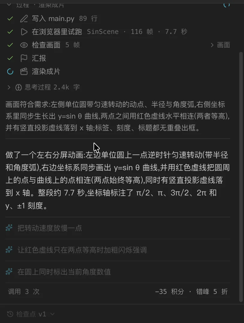 Manim Coding Agent 的过程:写入 main.py 89 行、浏览器里试跑 SinScene 116 帧 7.7 秒、检查画面 5 帧、汇报已打勾,渲染成片进行中;下面是检查结论、汇报、三条建议和「调用 3 次 −35 积分」